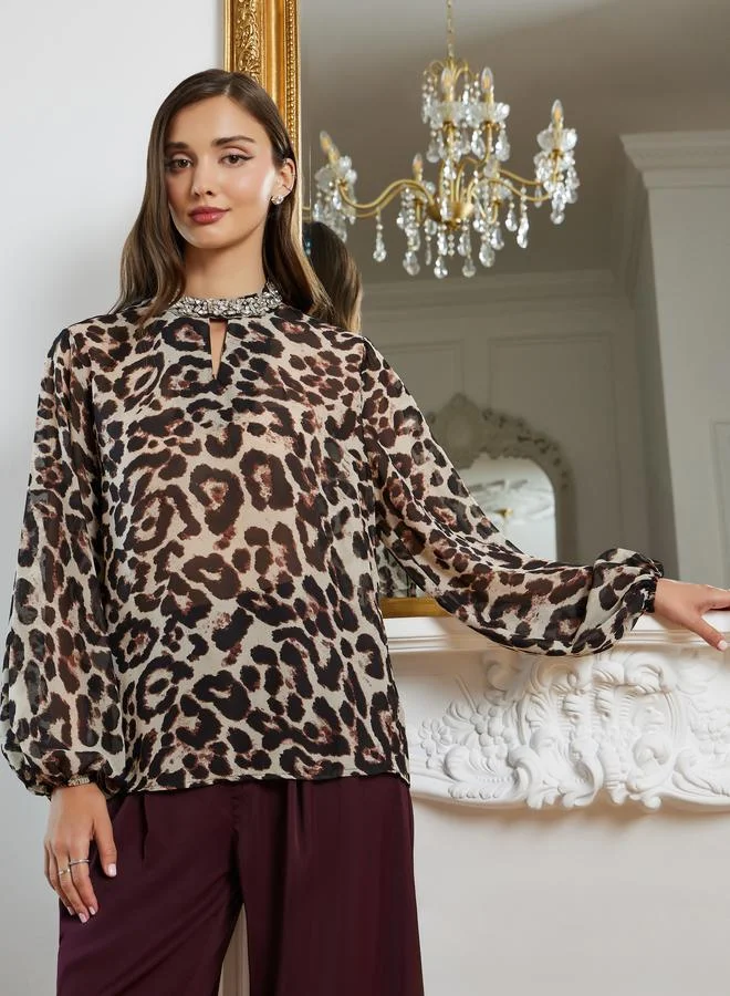 Styli Women Brown Leopard Print Long Sleeve Blouse